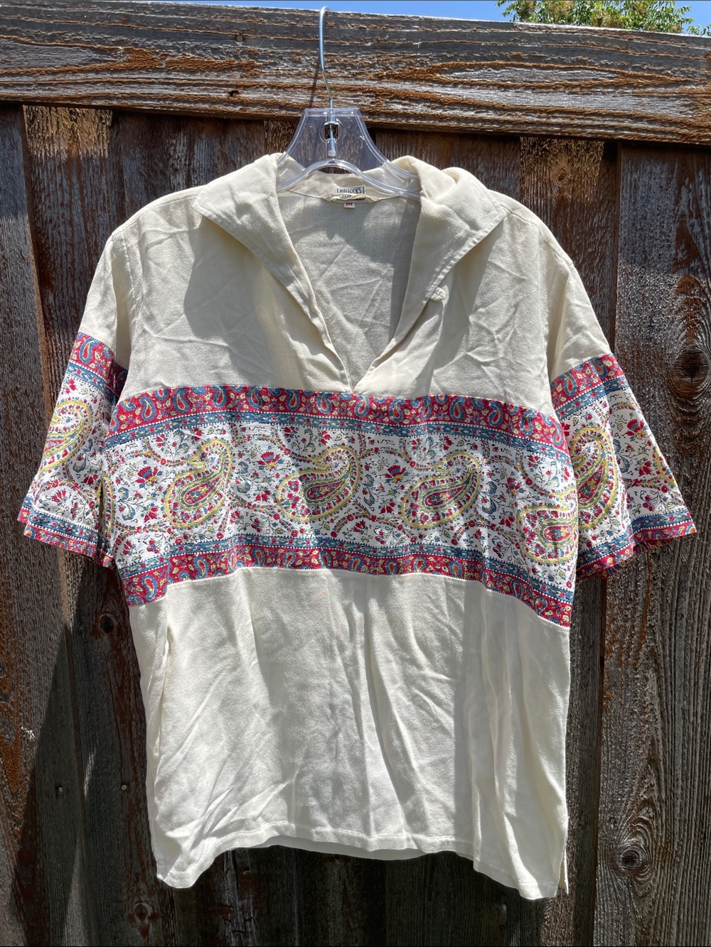 1960's Bullock's Wilshire Linen Cream Boho Paisley Hooded Short Sleeve Top